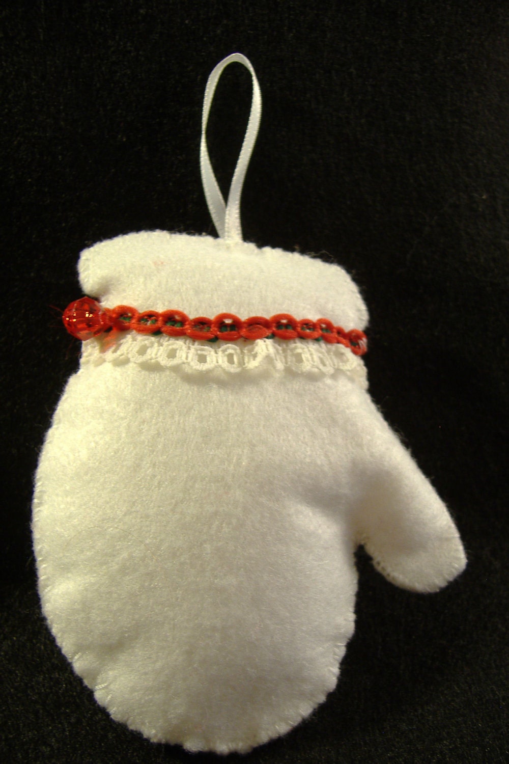 White Felt & Red Trim Mitten Christmas Ornament
