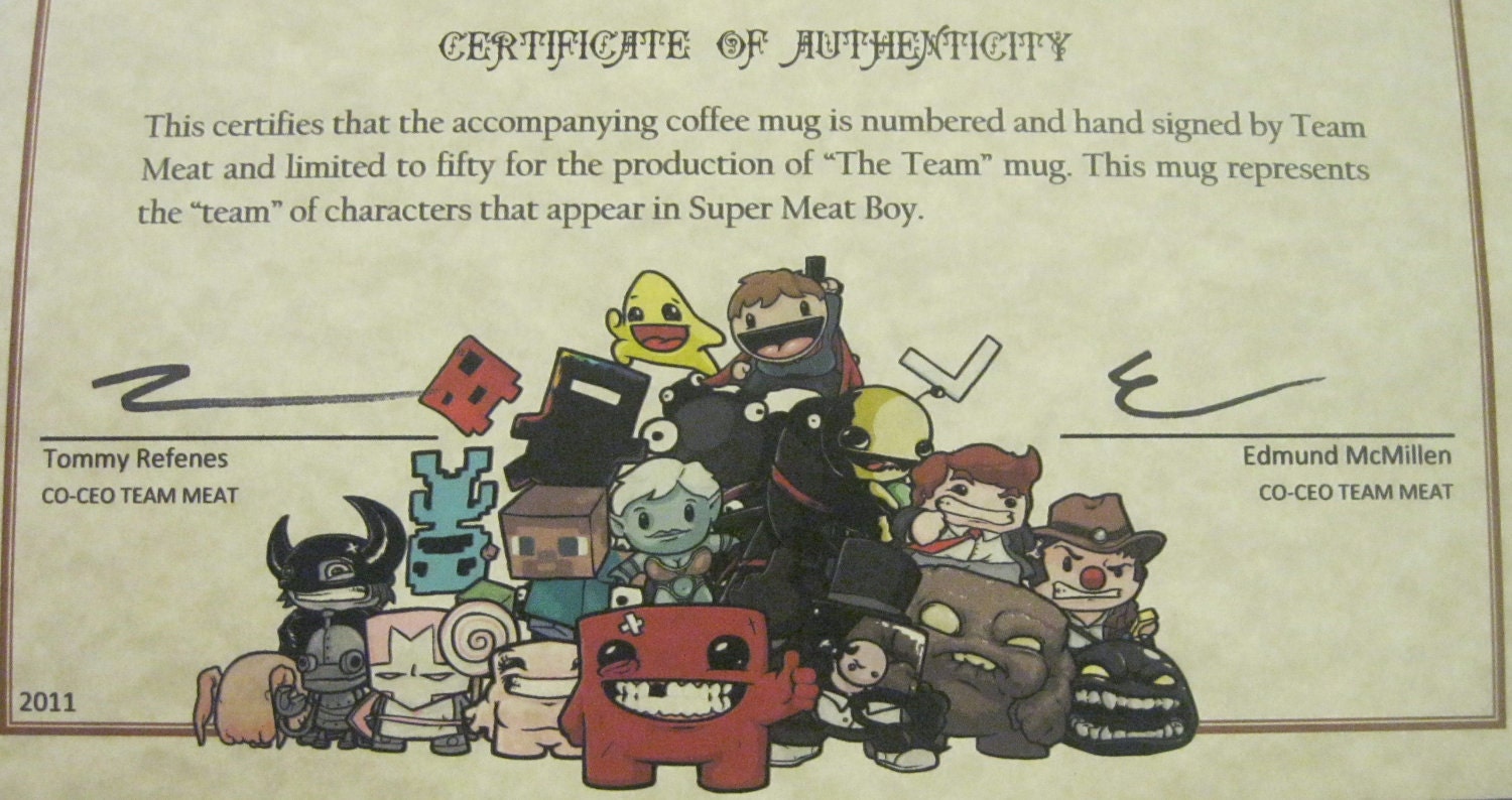 Limited edition mug, Super Meat Boy "The Team" signed & numbered.