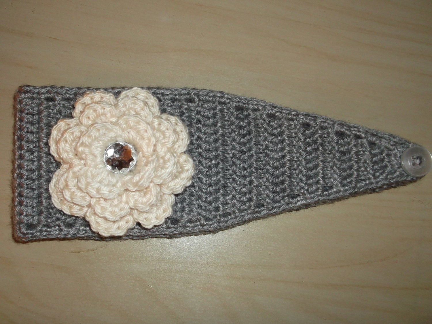 Crochet Earwarmer Headband Flower Headwrap Winter Fall - Grey and Off White Cream - Fits girls teens adults- Ready to ship gift