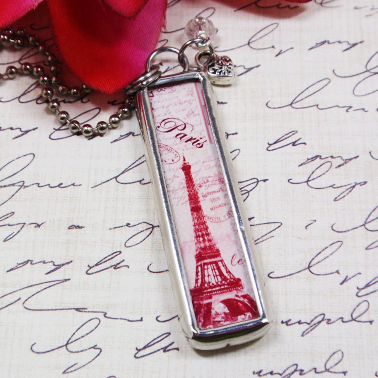 Pink Eiffel Tower Love Shabby Romantic Soldered Charm Necklace