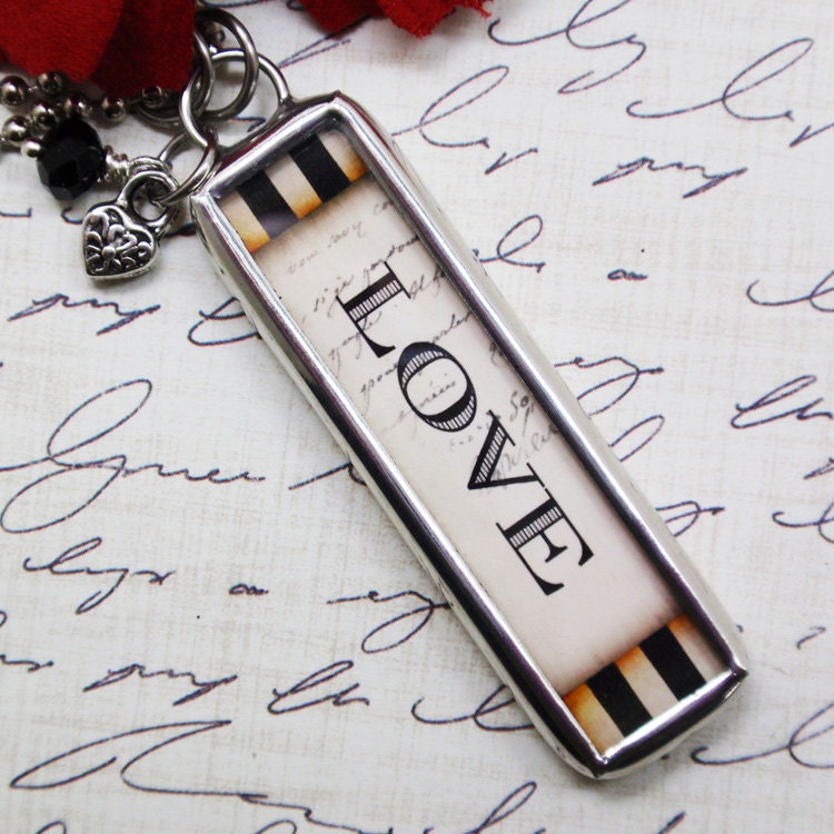 Black Striped Border Love- Dark Red Hearts Silver Soldered Charm Necklace