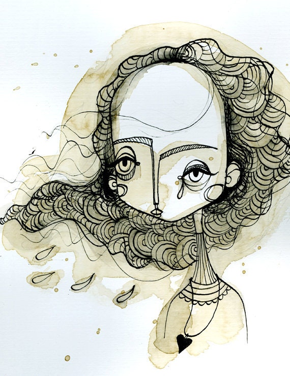 Sad girl in the wind (print of an original ink and watercolor illustration)
