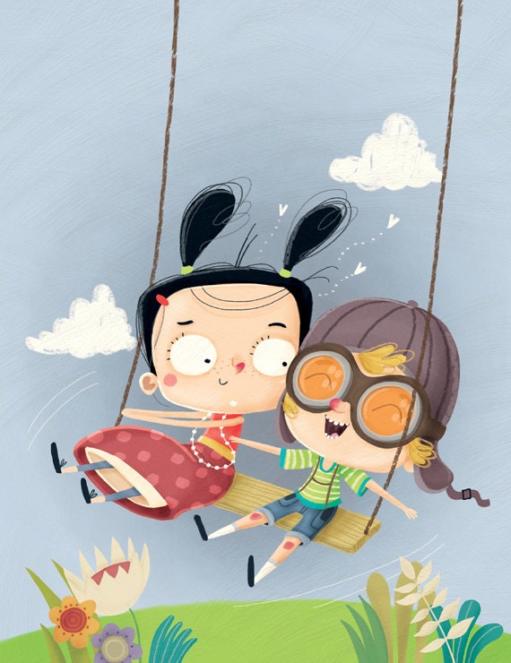 illustration for children, art print, original wall deco for nursery room, digital - Kids playing on the swing
