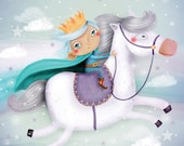nursery room wall deco, children illustration, art print, original art, digital - Prince on the white horse