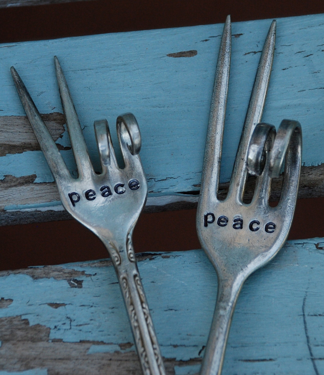 Set of 2 PEACE sign Peace Forks Hand Stamped Garden Art