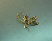Vintage Blue Rhinestone Goldtone Bow Triad Brooch Pin