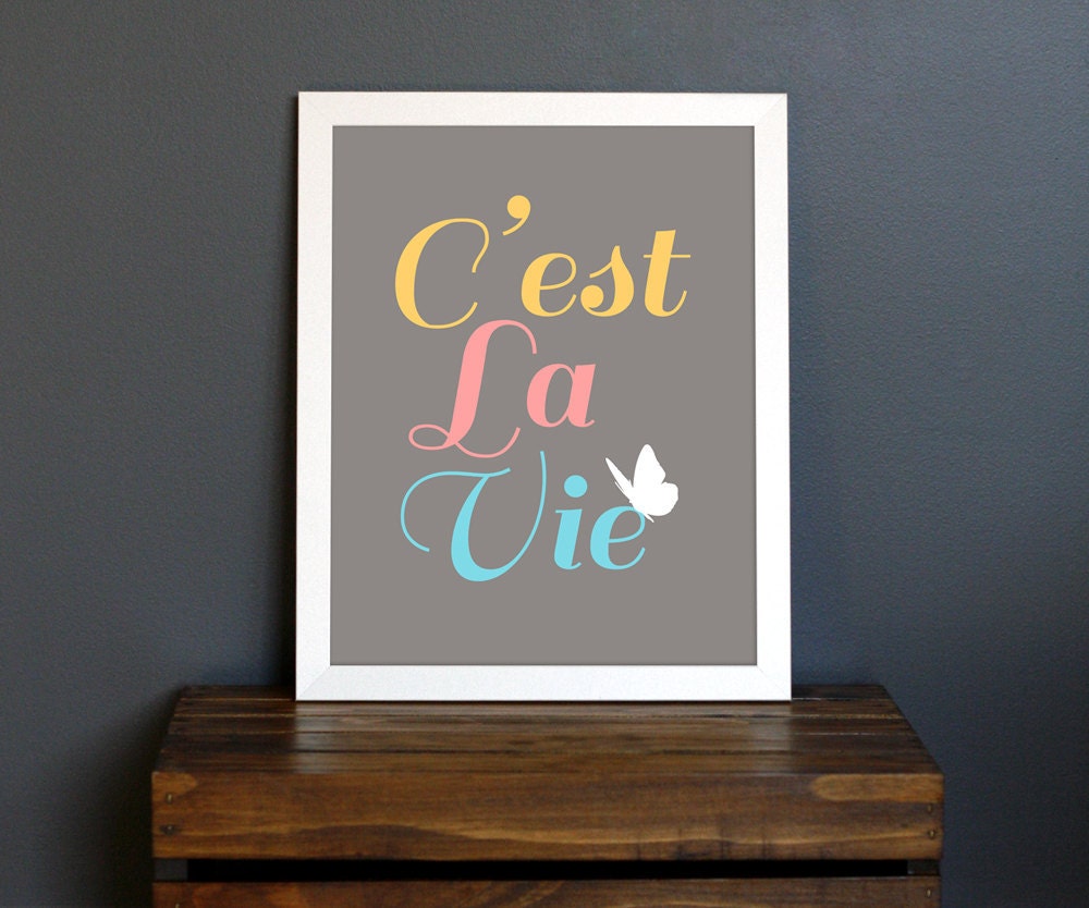 Pretty Typography Art Print - French Saying - C'est La Vie - butterfly, girly decor, bright colors, word art - yellow, pink, aqua - 8 x 10