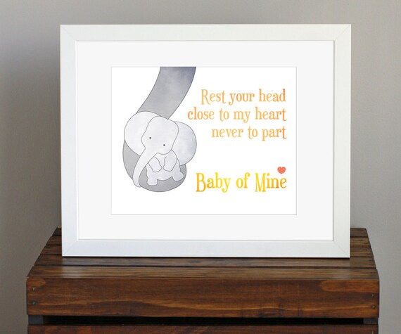 Baby Elephant Nursery Art Print - yellow and gray decor - Baby Mine, Dumbo lyrics, Disney - a mother's love, baby shower gift - 8 x 10