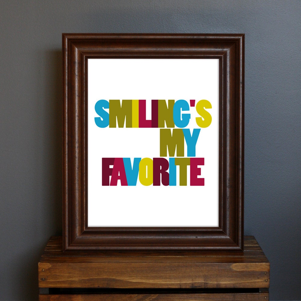 Typography Art Print - Smiling's My Favorite - funny, humorous Elf movie quote - Christmas, holiday decor - green, blue, red - 8 x 10