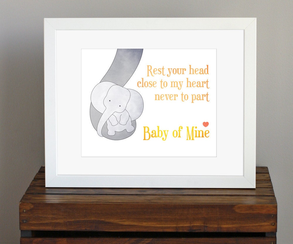 Baby Elephant Nursery Art Print - yellow and gray decor - Baby Mine, Dumbo lyrics, Disney - a mother's love, baby shower gift - 8 x 10