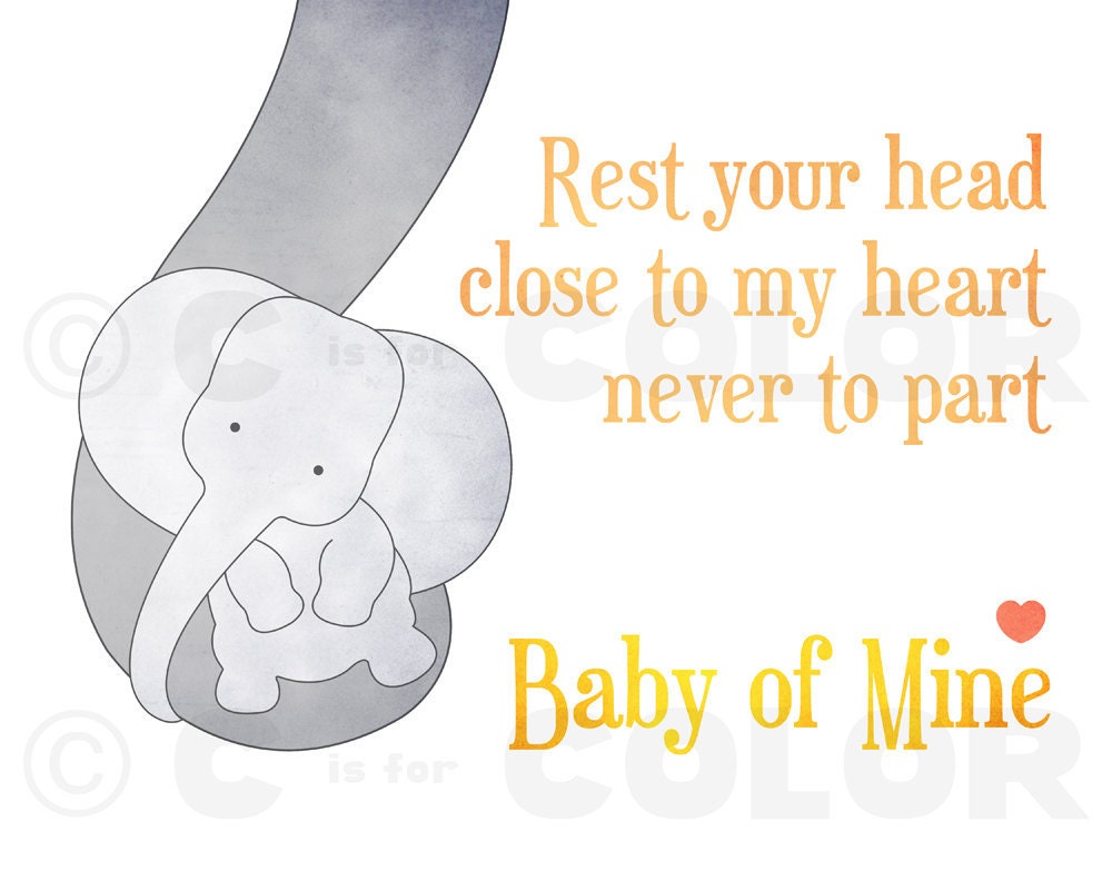 Baby Elephant Nursery Art Print - yellow and gray decor - Baby Mine, Dumbo lyrics, Disney - a mother's love, baby shower gift - 8 x 10
