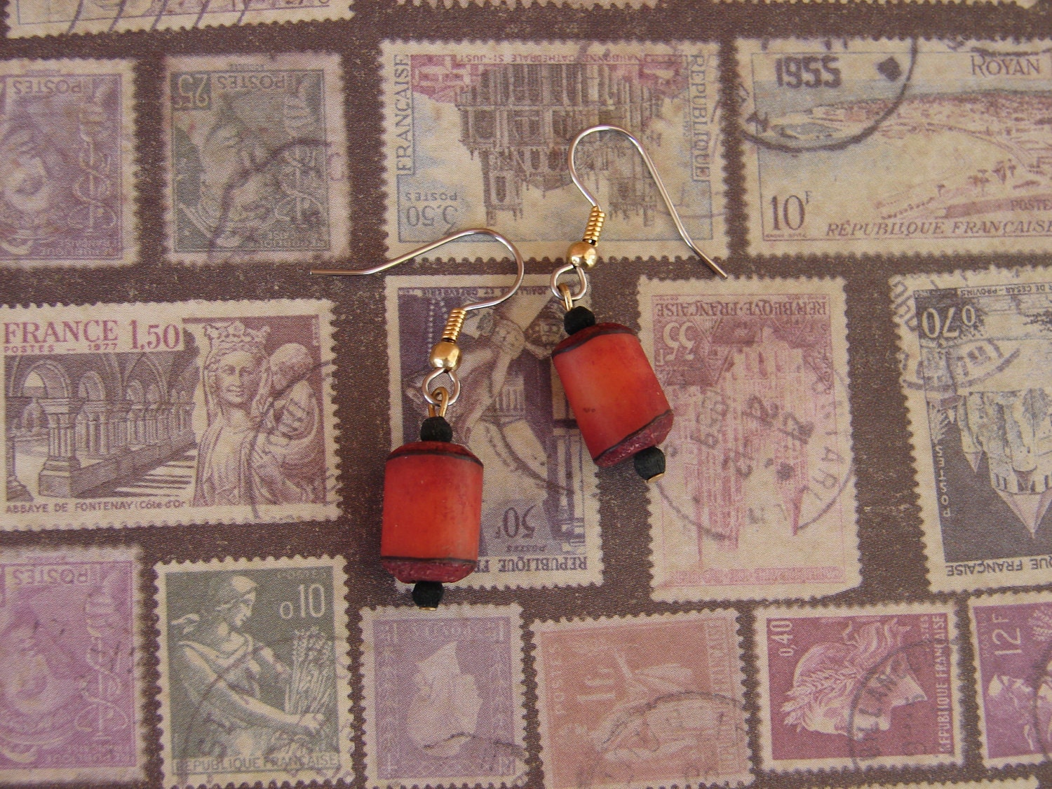Pierced Earrings Pink Dyed and Carved Dangles