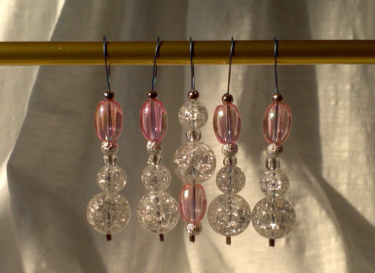 Chandelier Sparkle - Set of 5- Sparkling Pink and Crystal Glass Stitch Markers - SNAG FREE -
