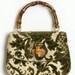 50s Vintage Purse Bag Tapestry Green Cream Wooden Handle