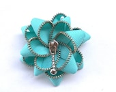 Floral Brooch cyan / Zipper Pin - Approx 2,8in/ 7 cm-eco friendly, YKK Zipper, recycled jewelry