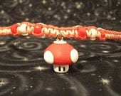 Red and White Hemp Necklace with Polymer clay Mario Super Mushroom and Accent Beads