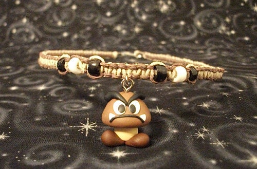 Brown and Natural Hemp Necklace with Polymer Clay Goomba Charm and Accent Beads