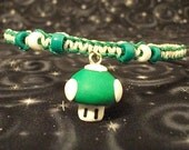 Green and White Hemp Necklace with Polymer Clay Mario 1-Up Mushroom and Accent Beads