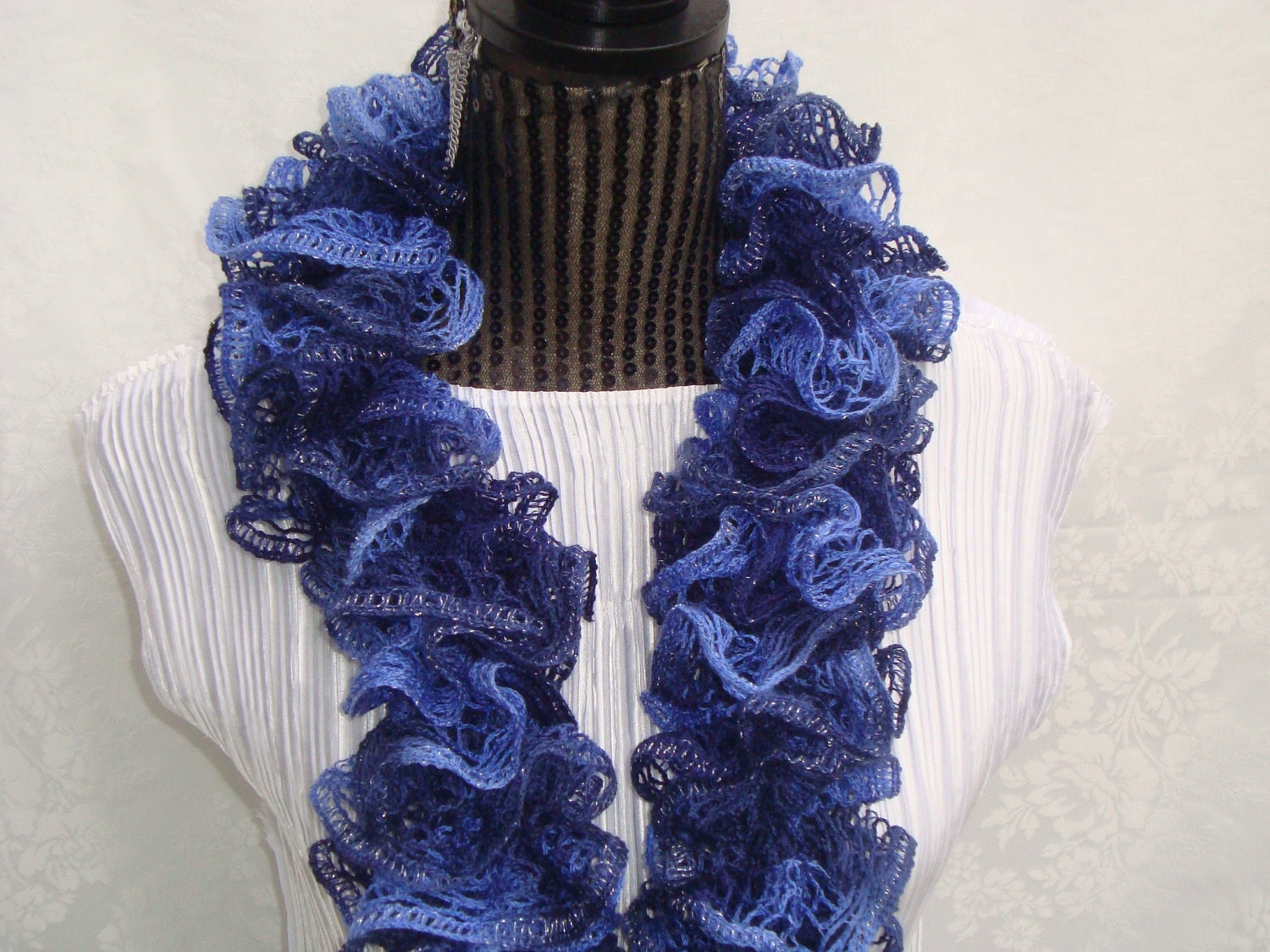 Sale. Ruffled Scarf.Knit.Blue/navy.Lacy.Spring/Summer.Ready to ship.