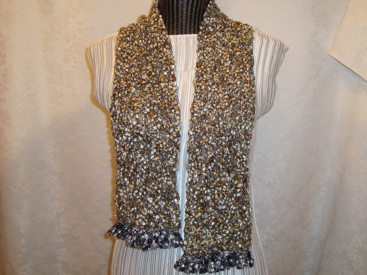 Knit  Scarf.Pink Green.Golden.Black Ruffle Trim. Light.Ladder.Ribbon  Yarn.Spring/Summer.Gift. Dressy.