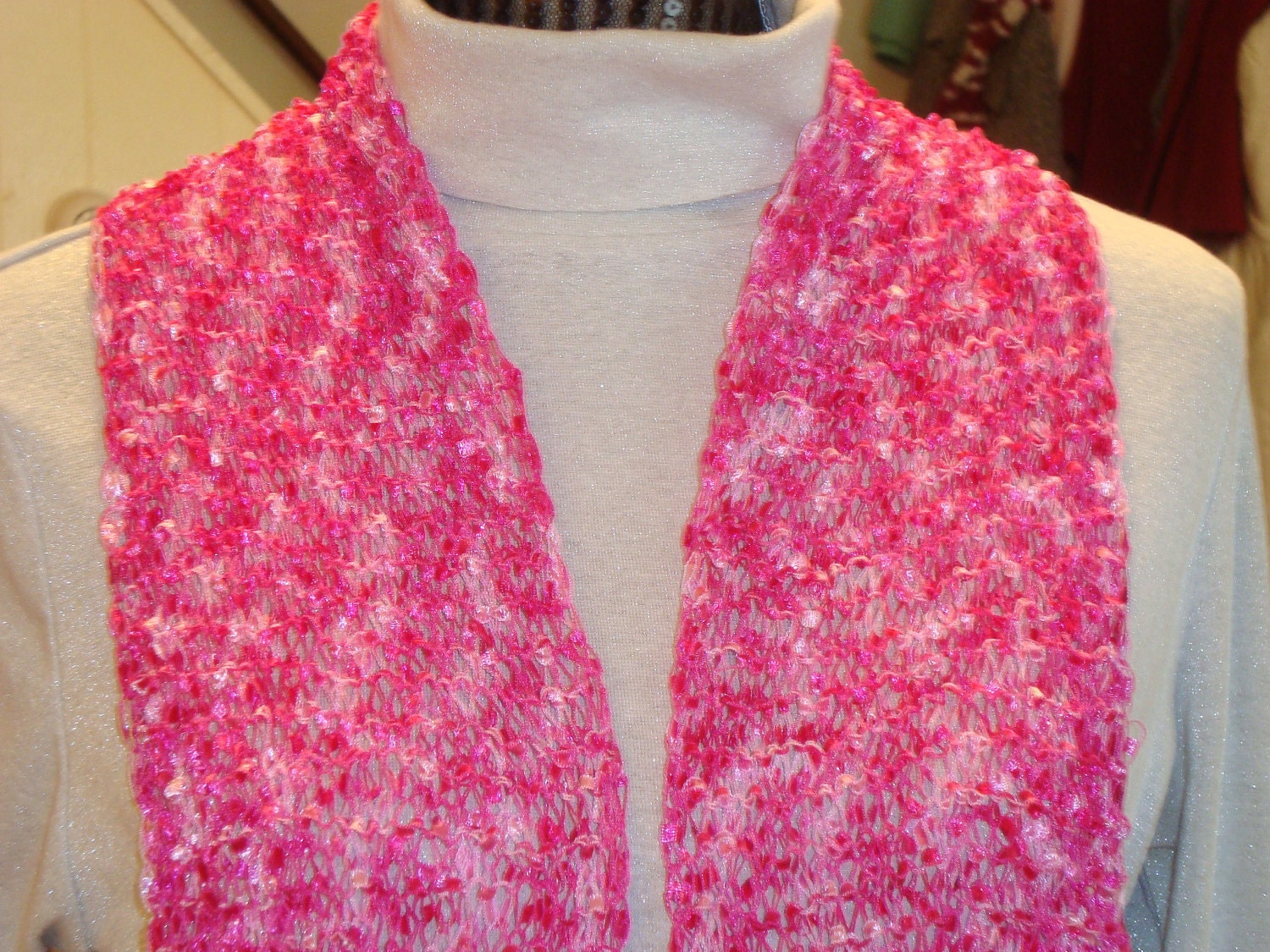 Knit Scarf  Pink. Ribbon.Ladder.Spring/Summer.Stained  Glass.Light.Dressy.Ready to ship.