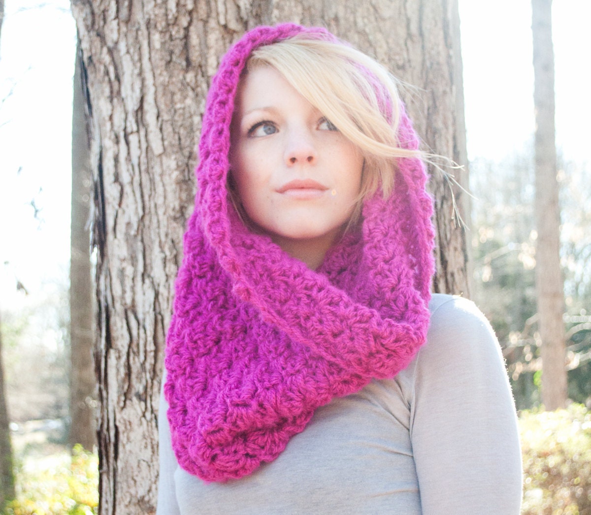 The Chunky Cowl Scarf Shawl Hood - Hot Pink Fushia