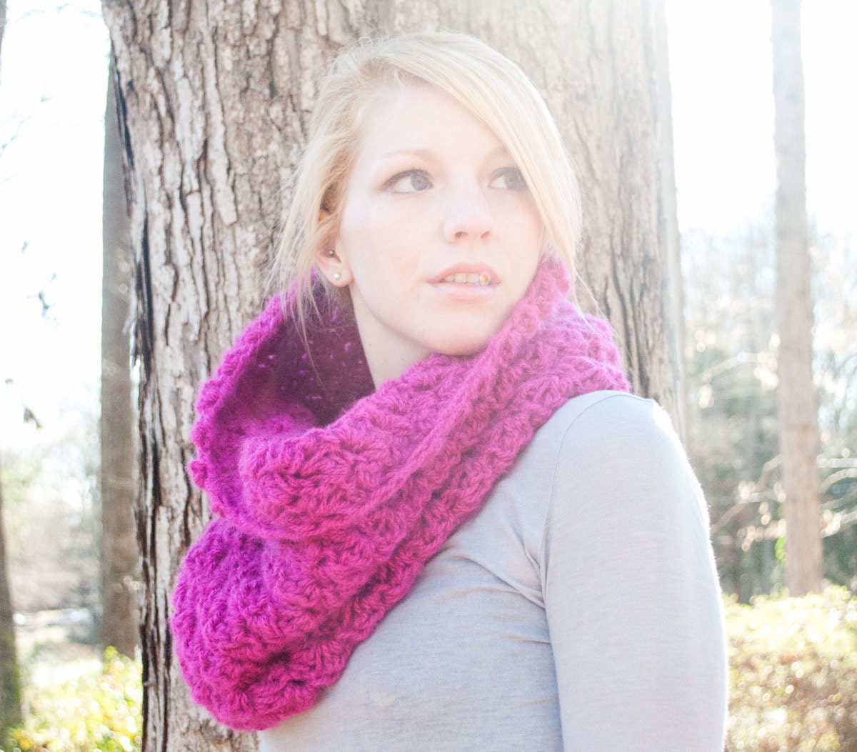 The Chunky Cowl Scarf Shawl Hood - Hot Pink Fushia