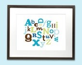 Alphabet art print poster for baby nursery or kids room - 8 x 10 - blue, green & brown
