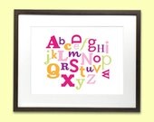 Alphabet art print poster for baby nursery or kids room - 8 x 10 - pink, purple, orange & green