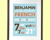 Personalized Birth Stats Announcement art print for baby nursery wall 8 x 10