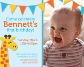 Giraffe & Bunting printable modern party invitation - with photo - for birthday, baby shower, etc.