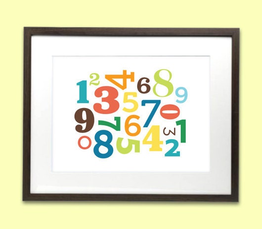 Numbers nursery art print poster for baby or kids room - 8 x 10 - bright multicolour - printed on recycled paper