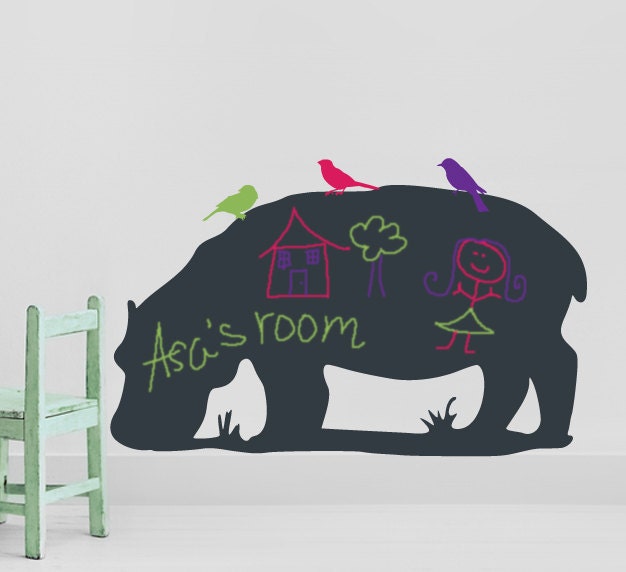Hippo and Birds Chalkboard Vinyl Wall Decal for Kids, Childrens Room