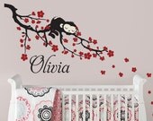 Cherry Blossom Branch Vinyl Wall Decal with Sleeping Monkey and Custom Name, Monkey Decal for Nursery, Kids, Childrens Room