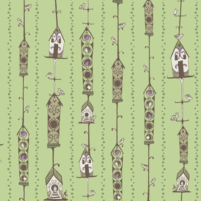 Bird Houses in Green by Sarah Watts for Blend Fabrics