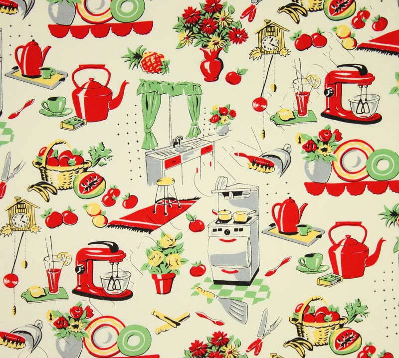 Michael Miller Fabric- Fifties Kitchen- Retro 50's Kitchen Appliances on Cream- Novelty Fabric