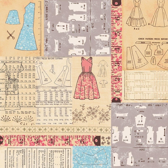 Homespun Chic- Sewing Patterns - Linen/Red- by Melody Ross for Blend Fabrics - Novelty Fabric