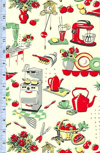 Michael Miller Fabric- Fifties Kitchen- Retro 50's Kitchen Appliances on Cream- Novelty Fabric