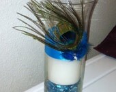 Wedding Vase-Peacock Feathers-Rhinestones-Teal-Candy Jar-Candle-Luminary-Floral Vase-Wish Tree-Sweet 16 Vase-Quincenera Vase