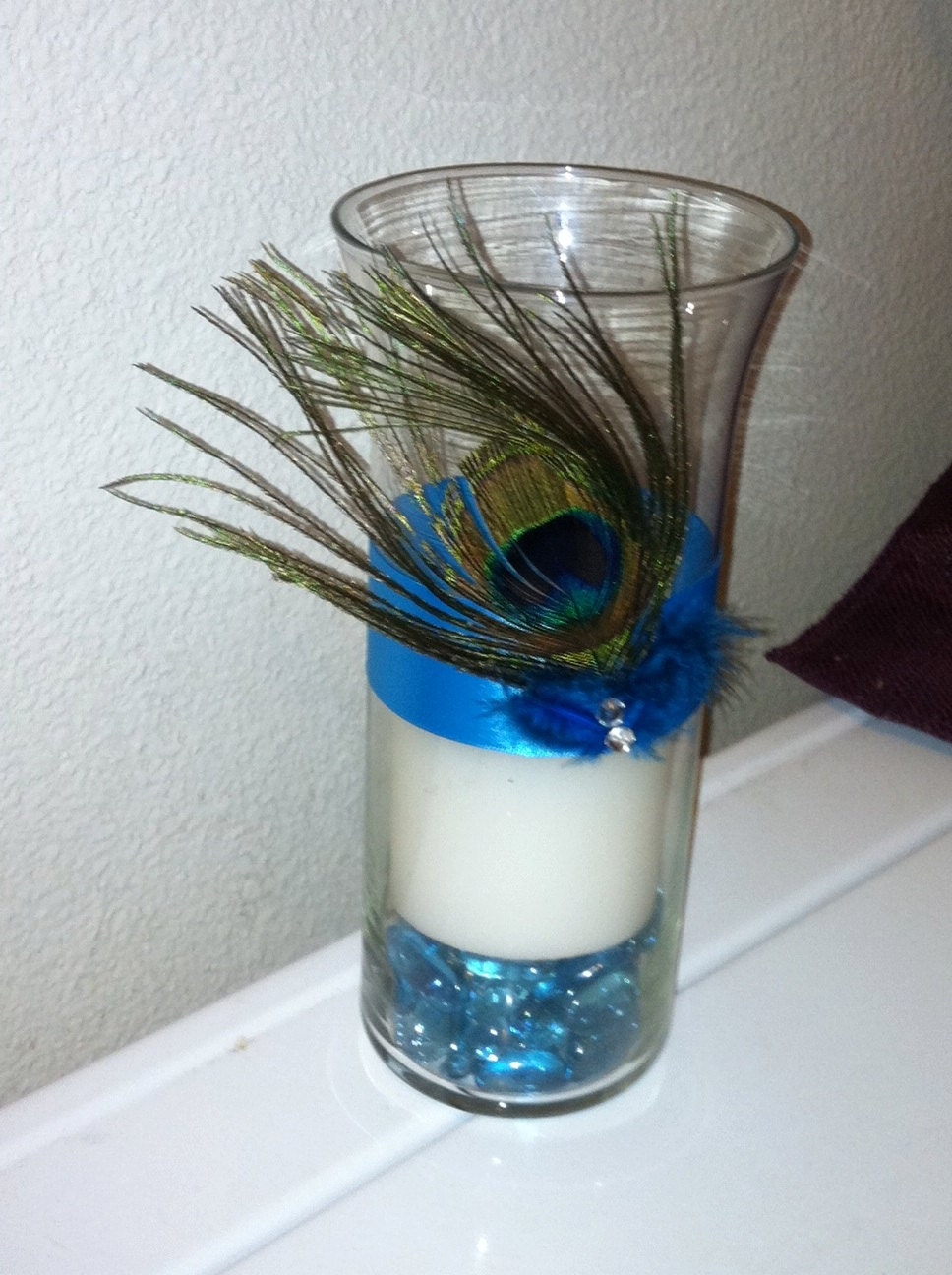 Wedding Vase-Peacock Feathers-Rhinestones-Teal-Candy Jar-Candle-Luminary-Floral Vase-Wish Tree-Sweet 16 Vase-Quincenera Vase