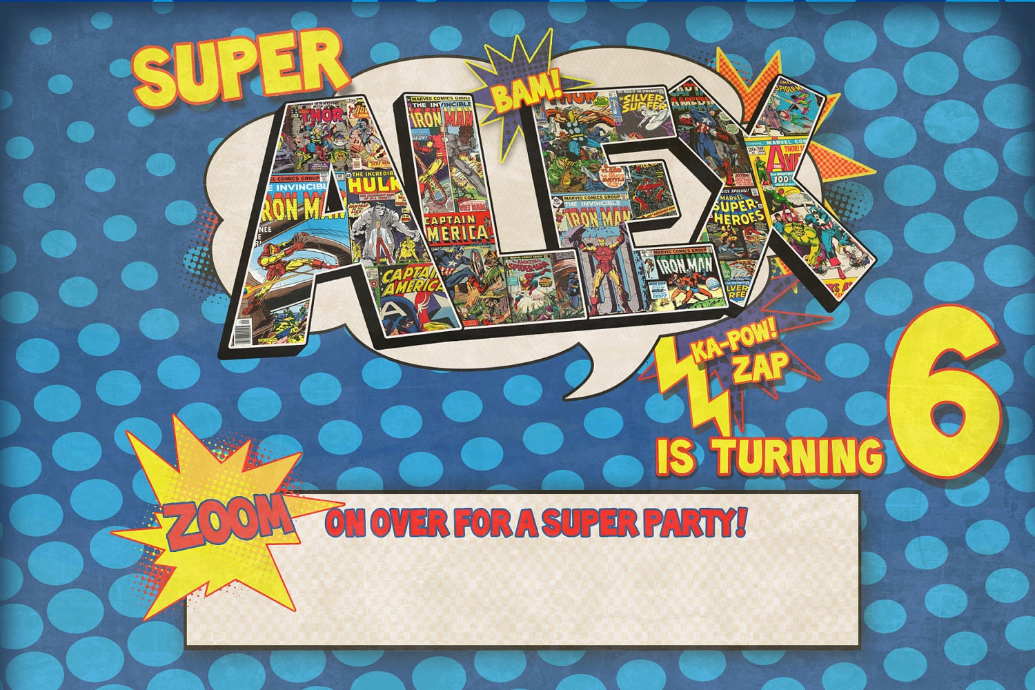 Personalized Vintage Superhero Birthday Invitation-Photo optional- and Party Pack- Printable DIY
