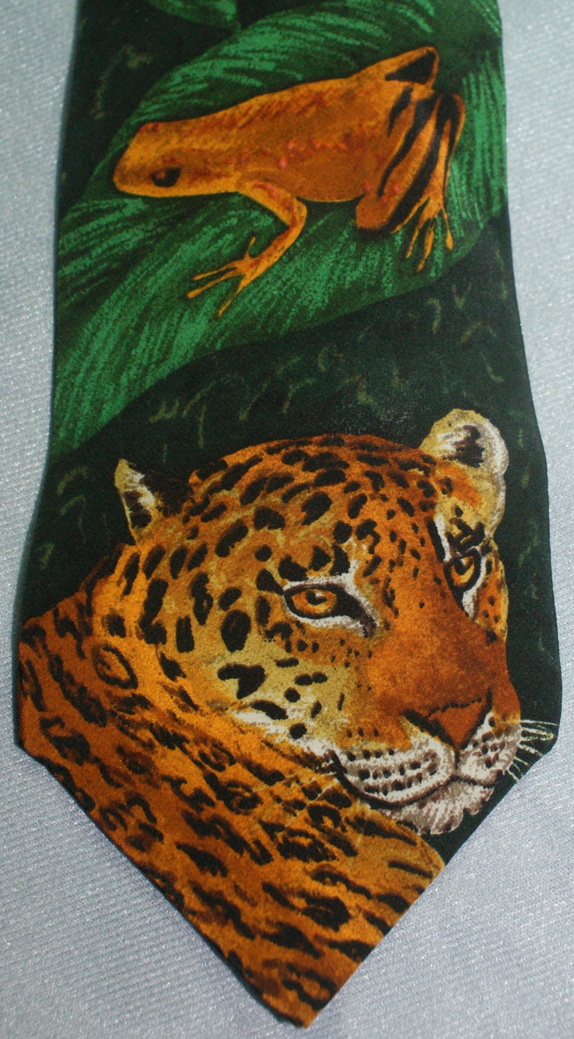 Vintage Mens Tie, World Wildlife Fund, Jaguar, Monkey, Frog, Hummingbird, Silk