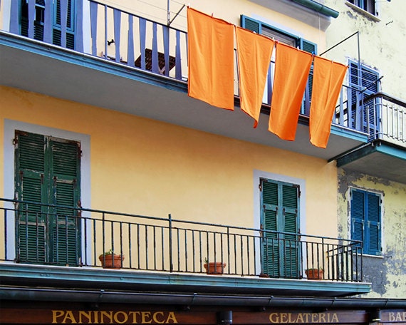 Italy, Cinque Terre, Manarola, Village Street Scene, Photo, Laundry Clothesline, Orange, 8x10
