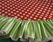 72" red polka dots and lime green stripe whimsical Christmas tree skirt with ruffle