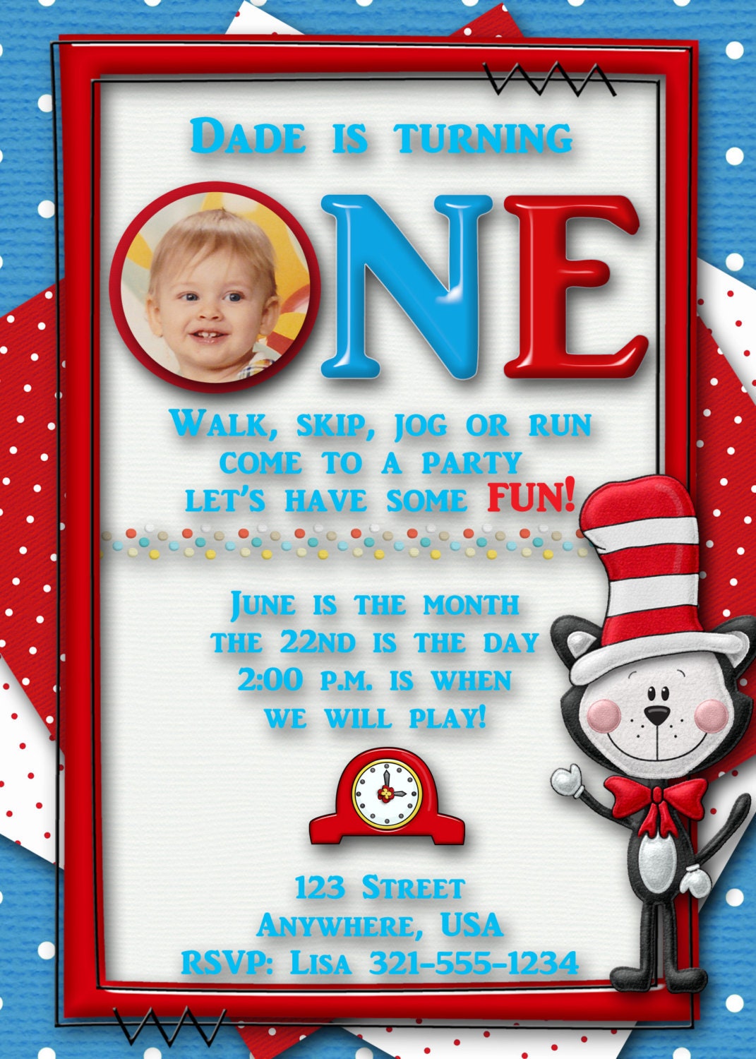 Dr. Seuss Birthday Party Invitation - Custom - First Birthday