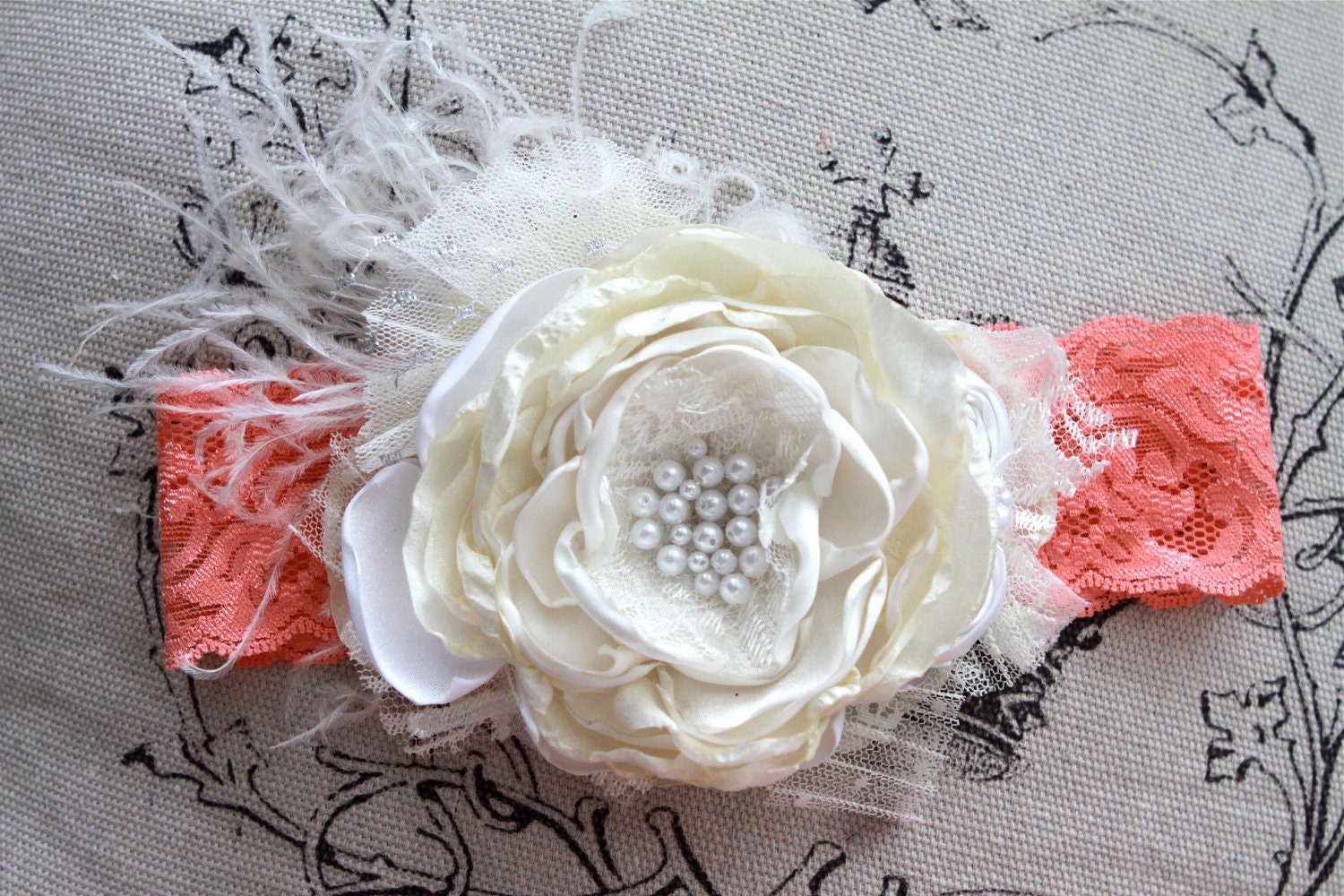 coral & ivory lace flower headband