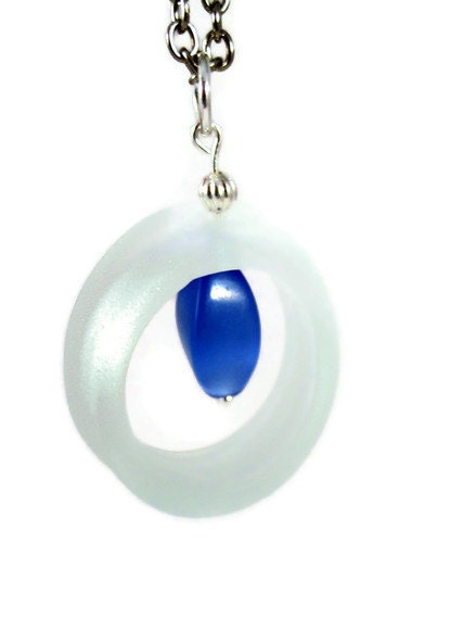 Necklace, Recycled Glass Jewelry, Clear Round Sea Glass with a Bright Blue Cats Eye Bead Hanging in the Middle