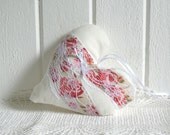 Rosy fabric heart handmade romantic with lace red white ready to hang