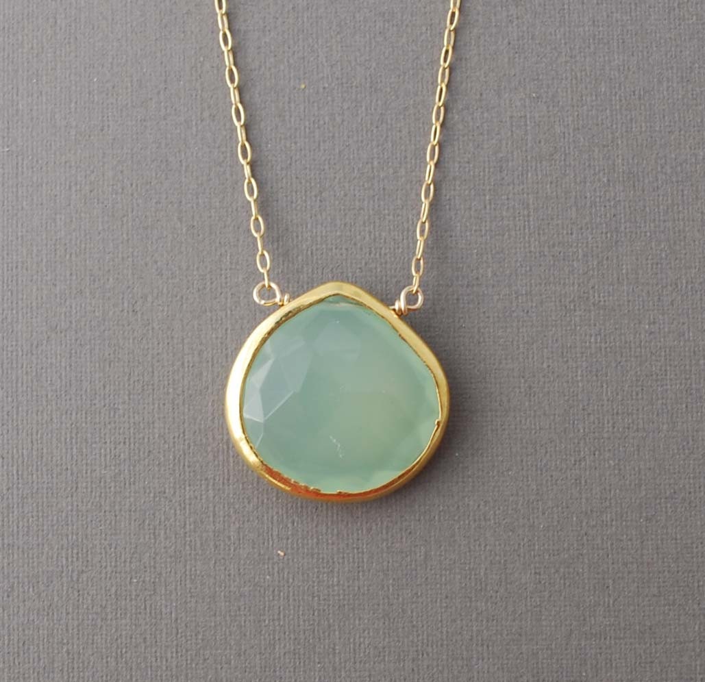 Green Chalcedony Stone Bezel Set Gold Necklace