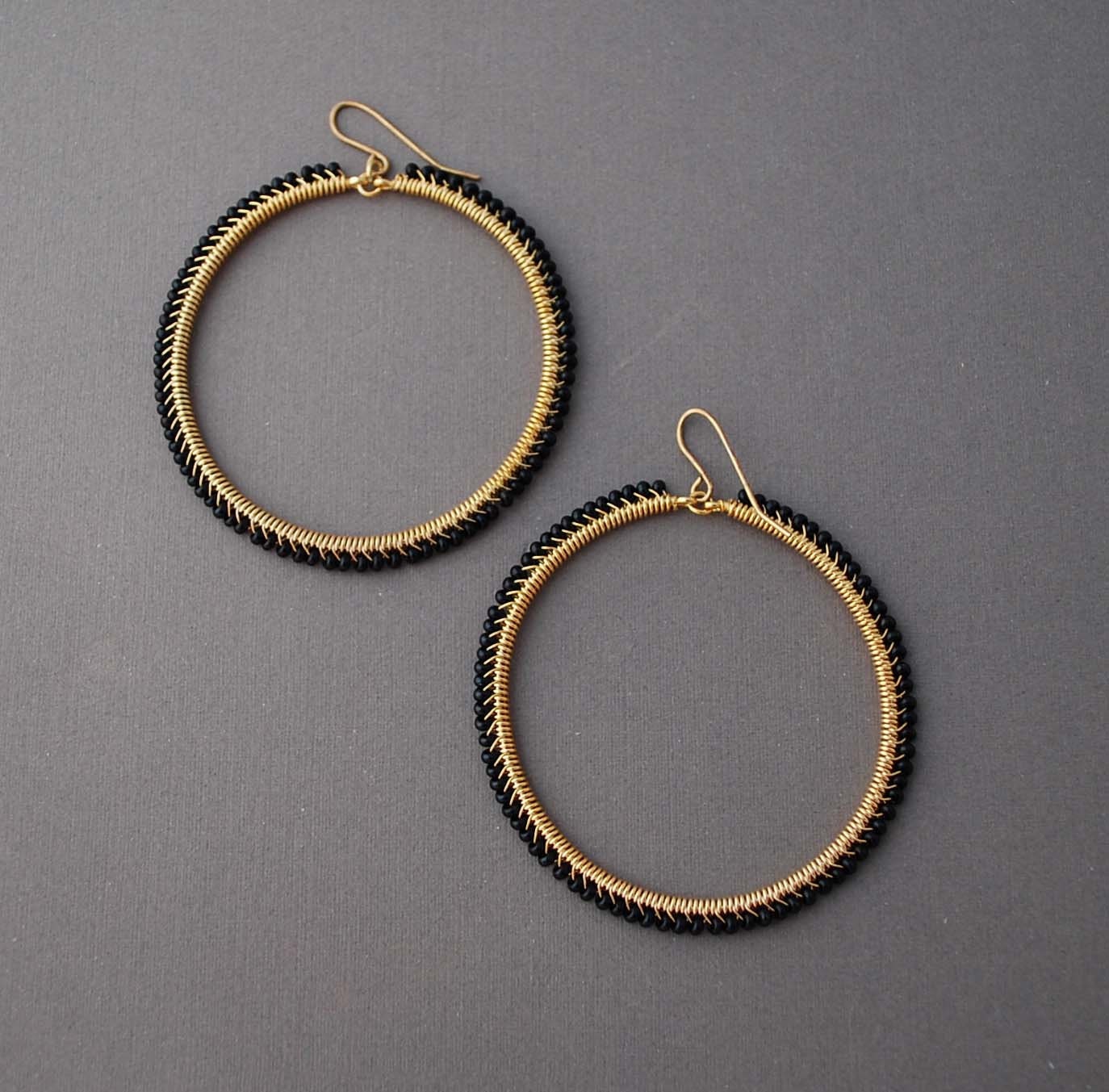 SALE Gold Black Wrapped Hoop Earrings